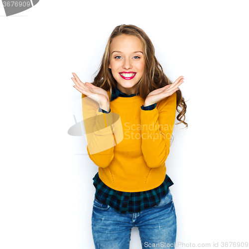 Image of happy young woman or teen girl in casual clothes