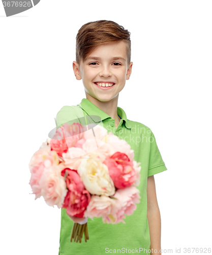 Image of happy boy holding flower bunch