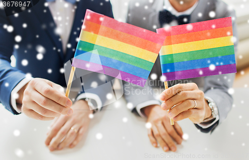 Image of close up of male gay couple holding rainbow flags