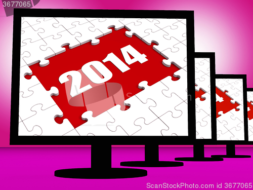 Image of Two Thousand And Fourteen On Monitors Shows Year 2014 Resolution