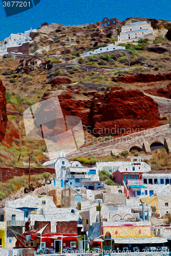 Image of from one  boat in europe greece santorini island house and rocks