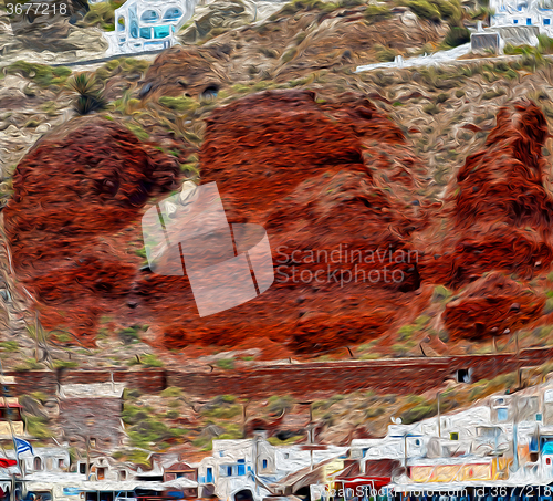 Image of from one  boat in europe greece santorini island house and rocks