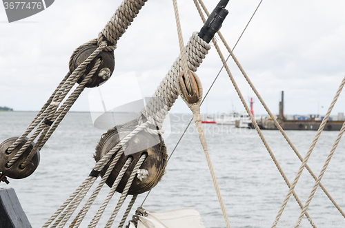 Image of Blocks and rigging of an old sailboat 