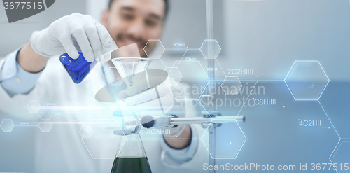 Image of close up of scientist with test tubes and funnel