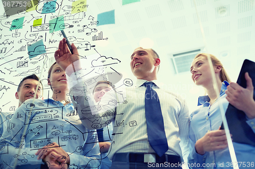 Image of smiling business people with marker and stickers