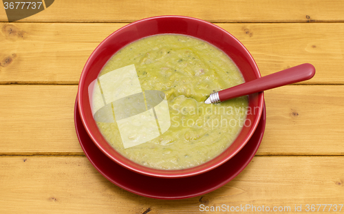 Image of Spoon in a full bowl of green soup