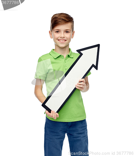 Image of happy boy holding white blank arrow banner