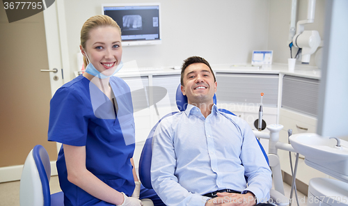 Image of happy female dentist with man patient at clinic