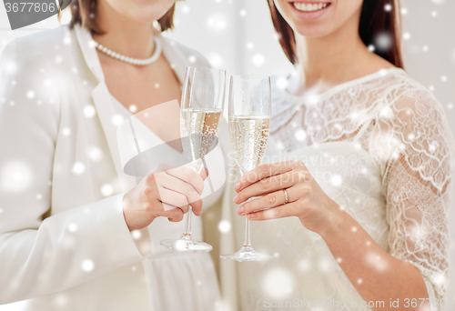 Image of close up of lesbian couple with champagne glasses