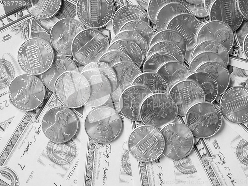 Image of Black and white Dollar coins and notes