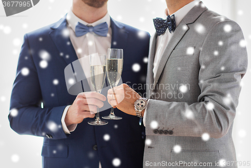 Image of close up of male gay couple with champagne glasses