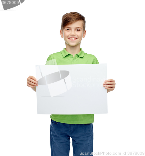 Image of happy boy in t-shirt holding white blank board