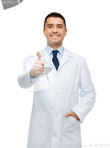 Image of smiling doctor in white coat showing thumbs up