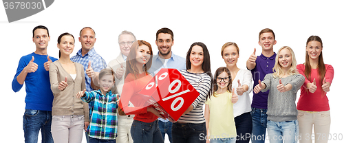 Image of happy people red percentage sign showing thumbs up