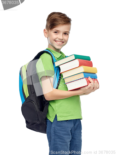 Image of happy student boy with school bag and books
