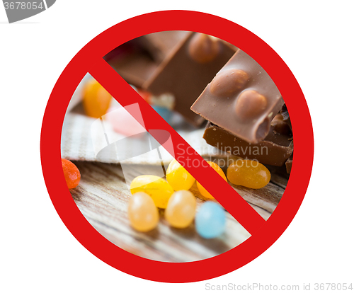 Image of close up of candies and chocolate behind no symbol