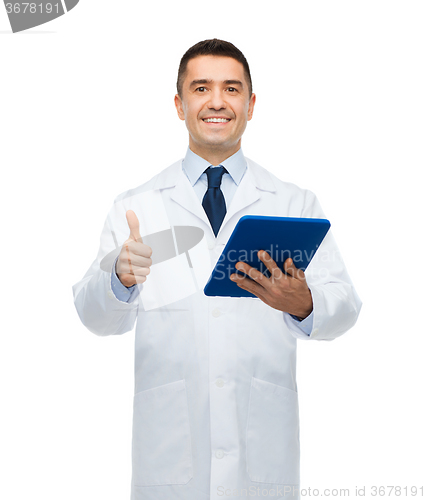 Image of smiling male doctor in white coat with tablet pc