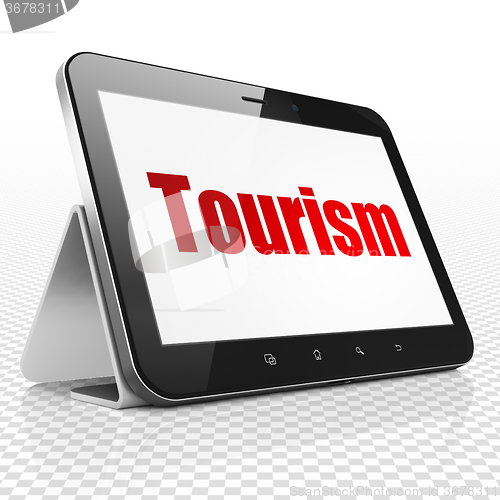 Image of Tourism concept: Tablet Computer with Tourism on display