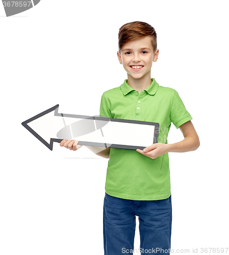 Image of happy boy holding white blank arrow banner