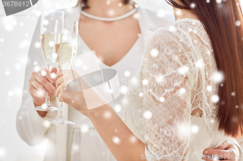 Image of close up of lesbian couple with champagne glasses