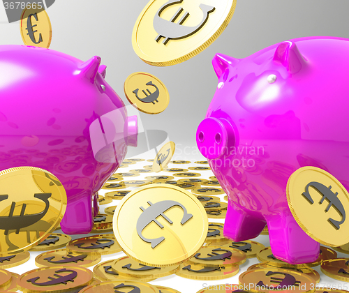 Image of Raining Coins On Piggybanks Showing Profits