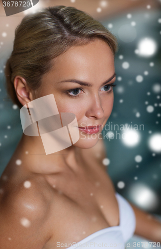 Image of close up of woman in swimsuit at swimming pool