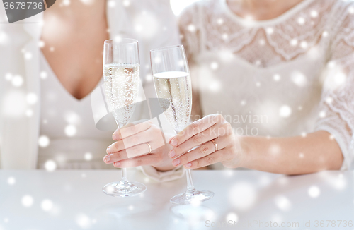 Image of close up of lesbian couple with champagne glasses