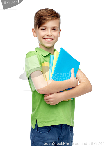 Image of happy student boy with folders and notebooks