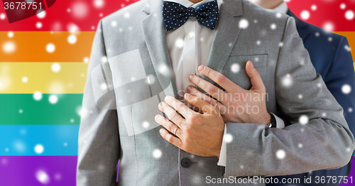 Image of close up of male gay couple with wedding rings on