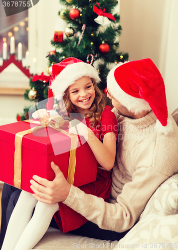 Image of smiling father and daughter opening gift box