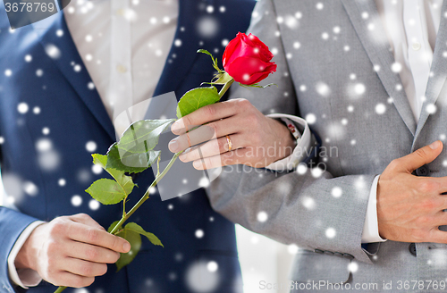 Image of close up of happy male gay couple holding hands