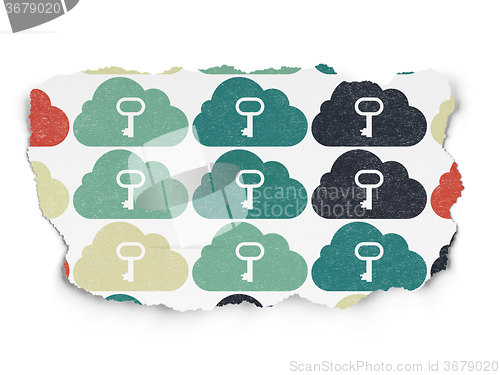 Image of Cloud networking concept: Cloud With Key icons on Torn Paper background