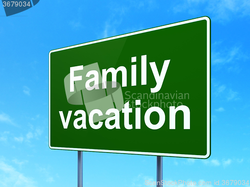 Image of Tourism concept: Family Vacation on road sign background