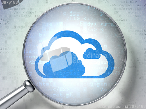 Image of Cloud technology concept: Cloud with optical glass on digital background