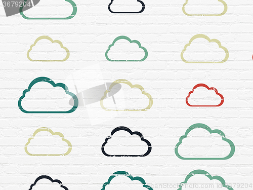 Image of Cloud networking concept: Cloud icons on wall background