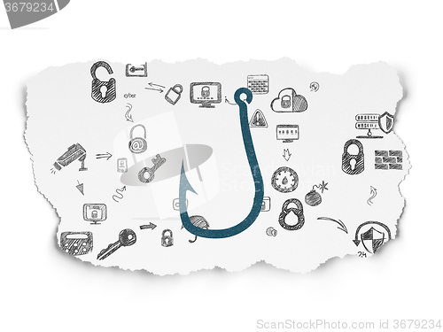 Image of Security concept: Fishing Hook on Torn Paper background