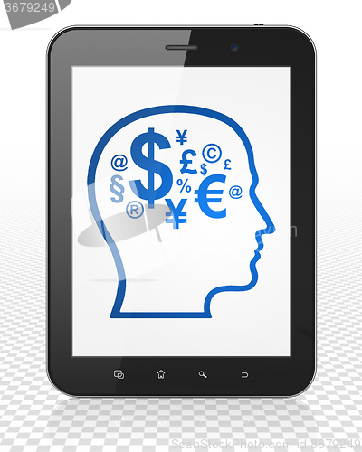 Image of Advertising concept: Tablet Pc Computer with Head With Finance Symbol on display
