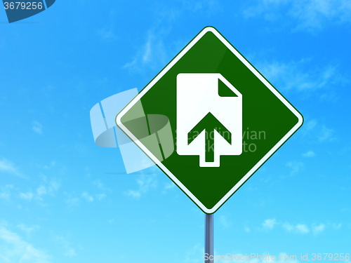 Image of Web design concept: Upload on road sign background