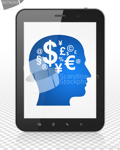 Image of Finance concept: Tablet Pc Computer with Head With Finance Symbol on display