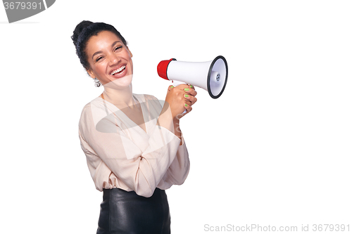 Image of Woman hold loudspeaker
