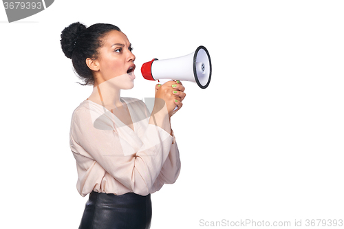 Image of Woman hold loudspeaker