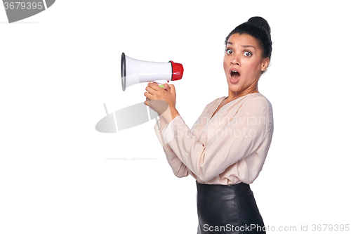 Image of Woman hold loudspeaker