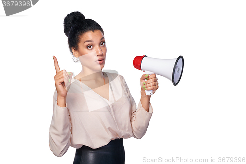 Image of Woman hold loudspeaker