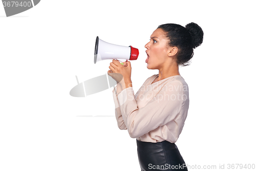 Image of Woman hold loudspeaker