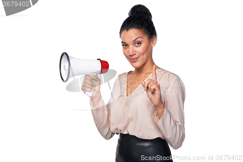 Image of Woman hold loudspeaker