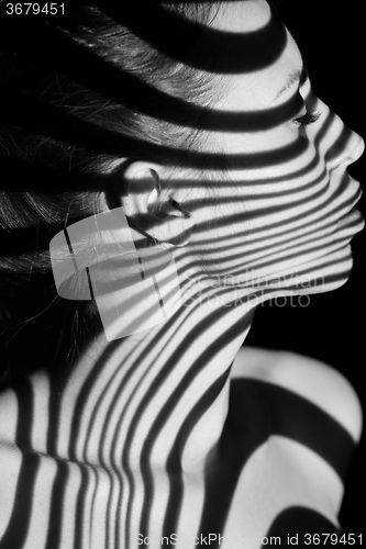 Image of The face of woman with black and white zebra stripes