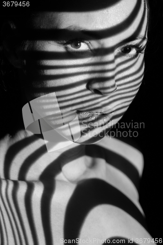 Image of The face of woman with black and white zebra stripes