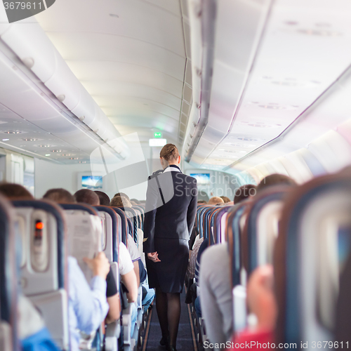 Image of Stewardess and passengers on commercial airplane.