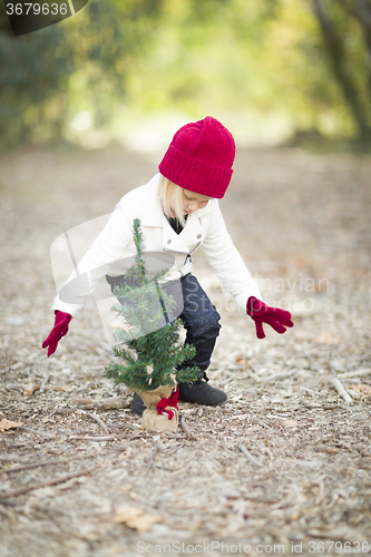 Image of Girl In Red Mittens and Cap Near Small Christmas Tree
