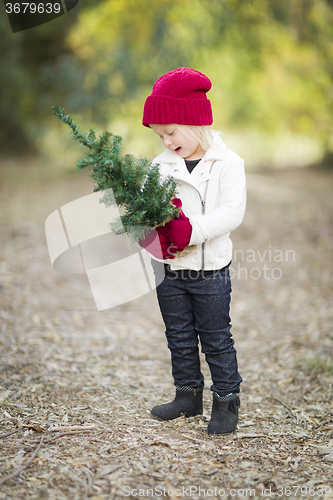 Image of Baby Girl In Red Mittens and Cap Holding Small Christmas Tree
